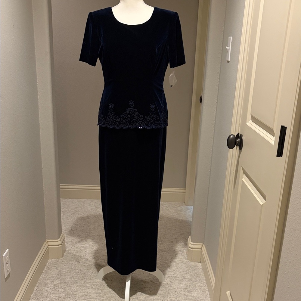R & M Richards Navy Velvet Formal Dress